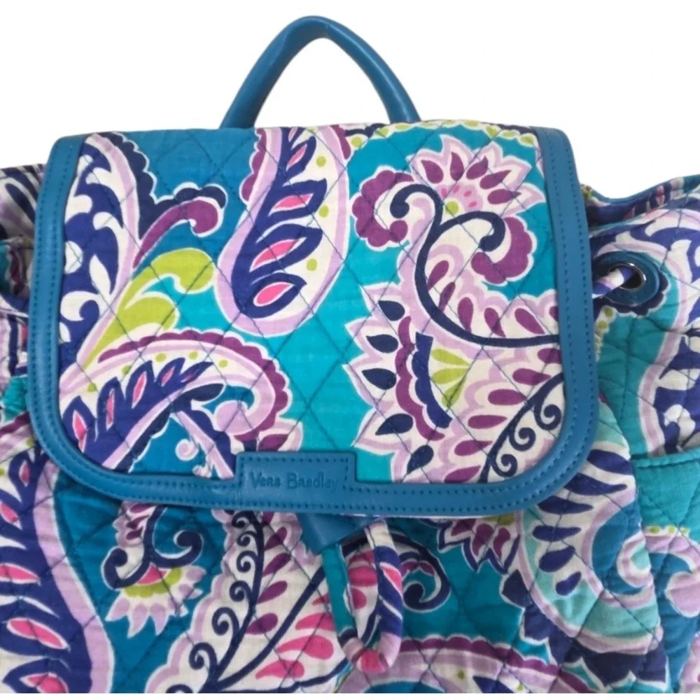 Vera Bradley Waikiki Turquoise Paisley Quilted Drawstring Backpack Cottagecore